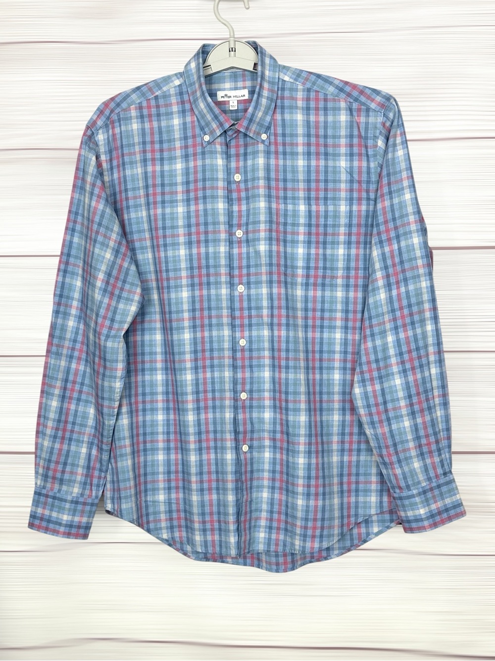 Peter Millar Casual Button Down Shirt Blue Plaid Cotton Long Sleeve size L